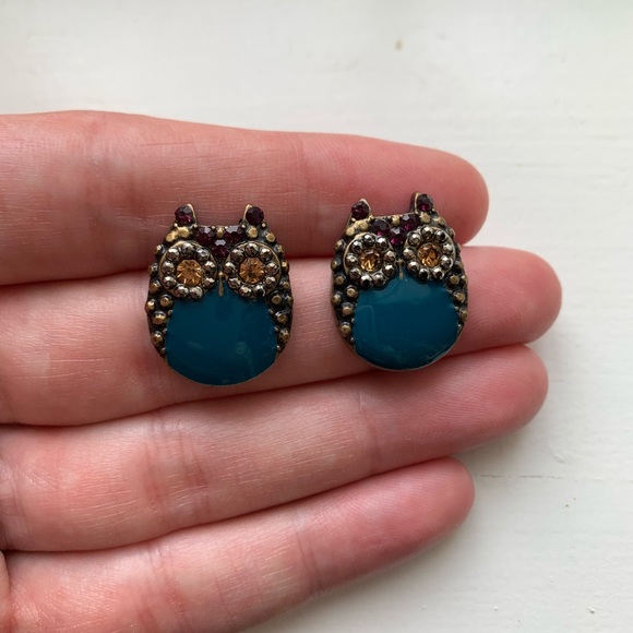 Cute brass & turquoise enamel owl earrings - Picture 2 of 7